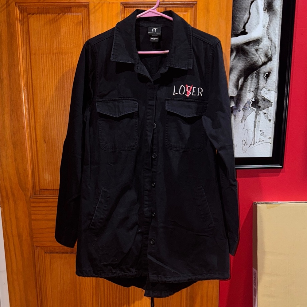 Hot Topic Black IT Chapter 2 Trench Coat with Loser embroidery.